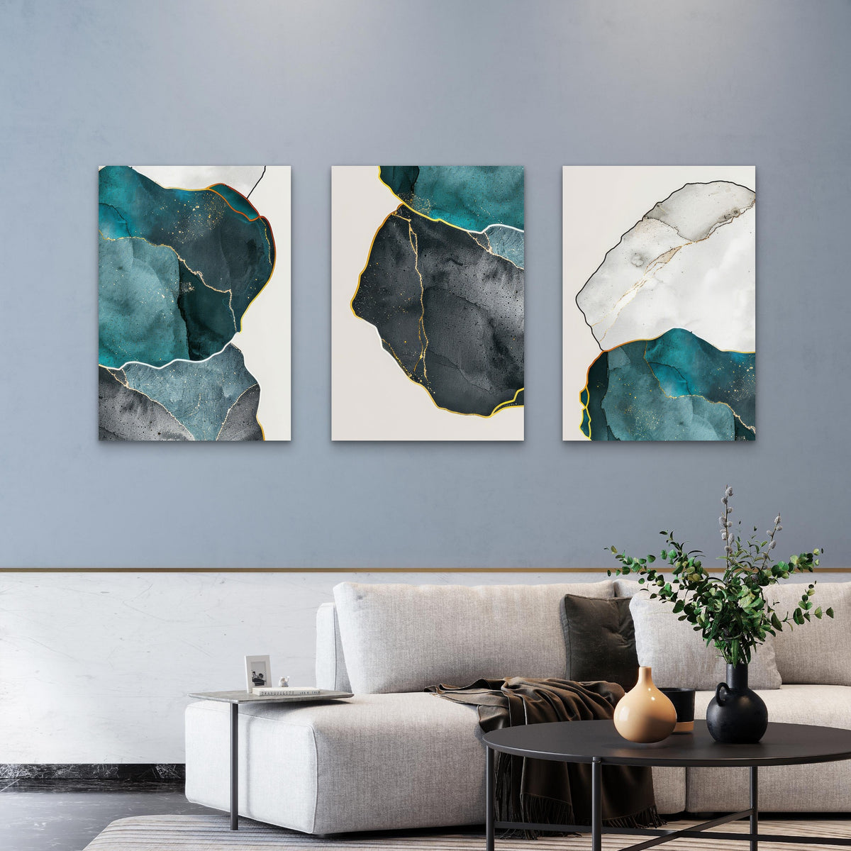 3pcs Abstract Teal Agate Marble Painting Wall Art Set Canvas Framed 60x90cm - High Quality Print 100% Australian Made Wall Canvas Ready to Hang