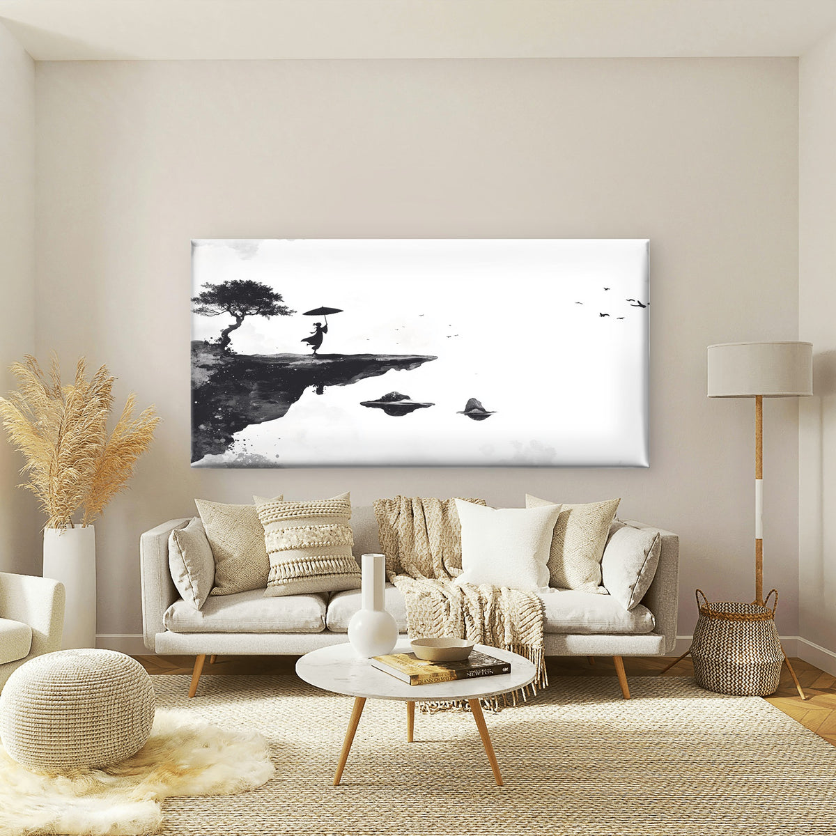 Zen Ink Cliffside Silhouette Wall Art Canvas Office Home Room Framed 120x60cm
