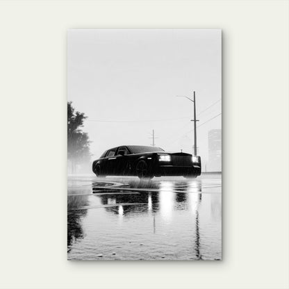Rainy Cityscape Luxury Car Monochrome 40x60cm Metal Print Ready to Hang
