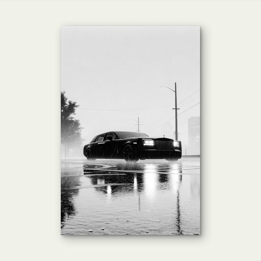 Rainy Cityscape Luxury Car Monochrome 40x60cm Metal Print Ready to Hang