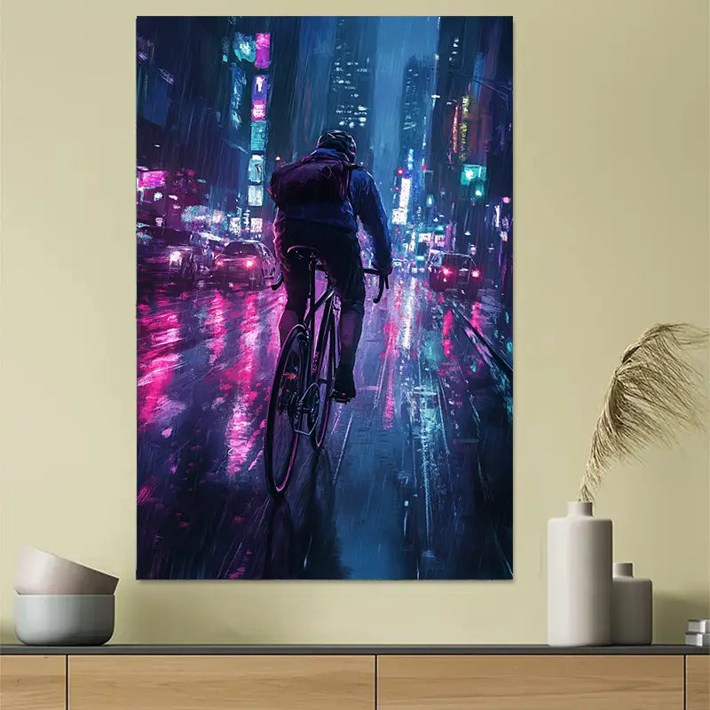 Neon Night Rider Cyberpunk City Art Poster 40x60cm Metal Print Ready to Hang