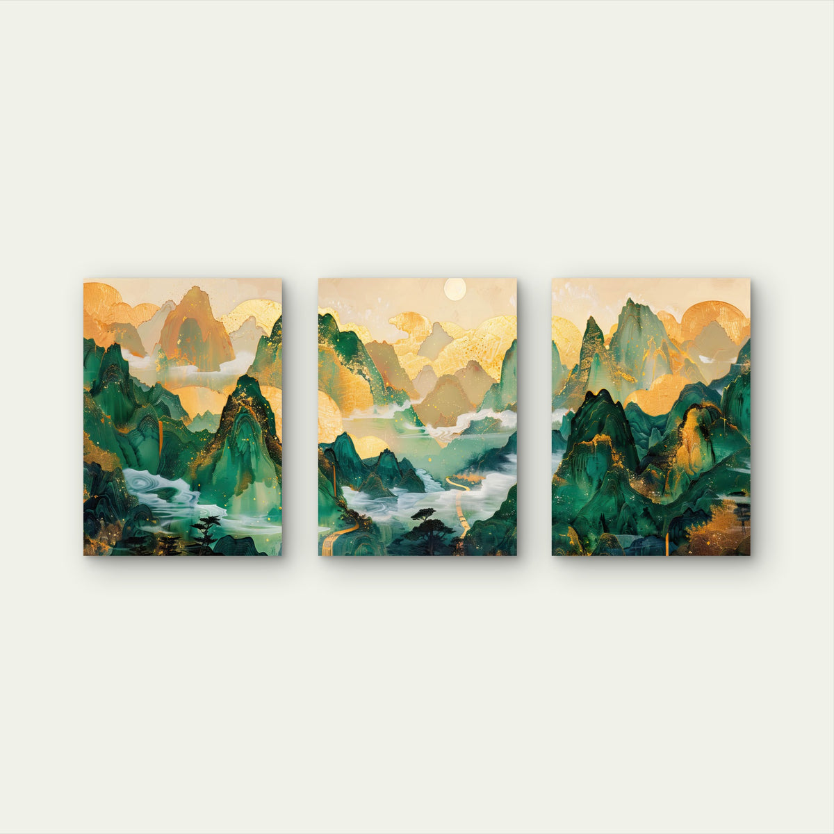3pcs Emerald and Gold Mountain Peaks Wall Art Set Canvas Framed 60x90cm - High Quality Print 100% Australian Made Wall Canvas Ready to Hang