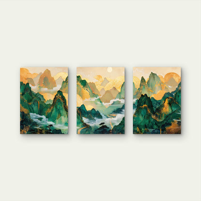 3pcs Emerald and Gold Mountain Peaks Wall Art Set Canvas Framed 60x90cm - High Quality Print 100% Australian Made Wall Canvas Ready to Hang