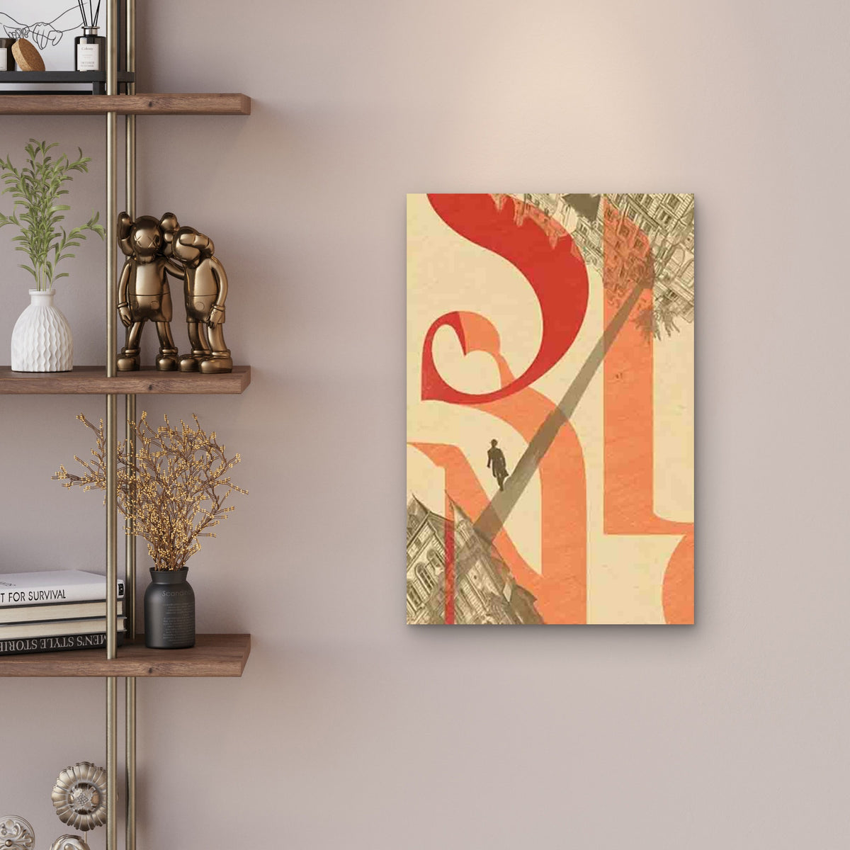Beige & Red Abstract Cityscape 60x90cm Metal Print Ready to Hang
