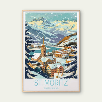 St. Moritz Switzerland, Mountains & City Travel Poster Print Wall Art