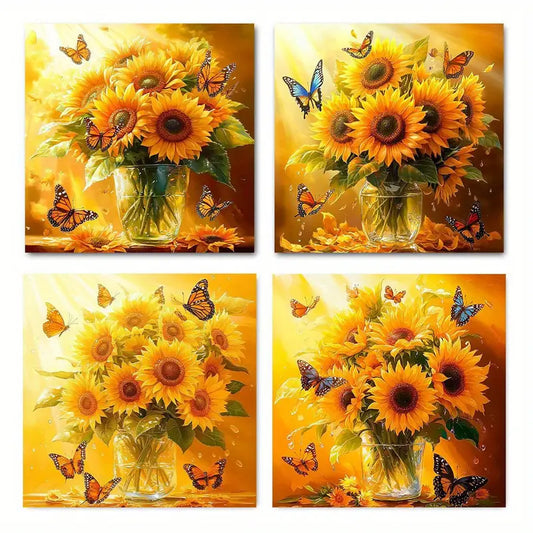 4pcs Sunflower and Butterfly Suitable  Wall Art Canvas Framed