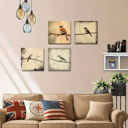4pcs Bird On Branch Prints Wall Art Canvas Framed
