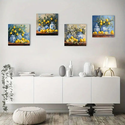 4pcs Vintage Lemon And Blue Cerami Wall Art Canvas Framed