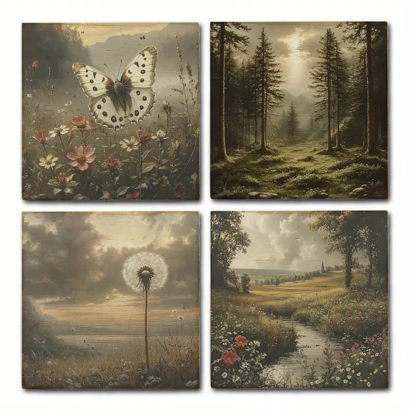 4pcs Pine Tree With Lake,Butterfly Wall Art Canvas Framed