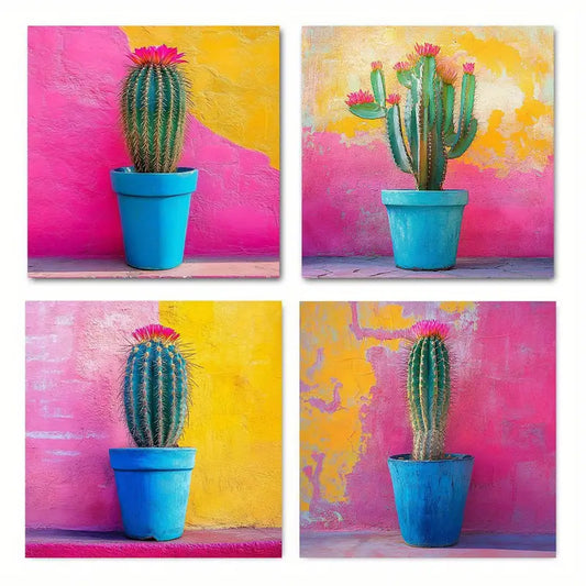 4pcs  Cactus vase Themed Elegant   CE  Wall Art Canvas Framed