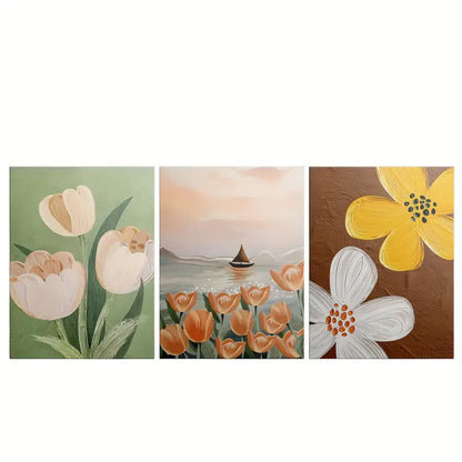 3pcs Floral Painting Tulip Texture Floral Pattern Metal Print Ready to Hang Art