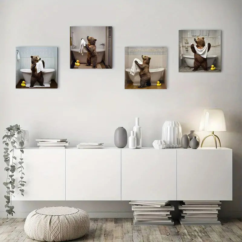 4pcsCharming Brown Bear Drying With Towel Wall Art Canvas Framed