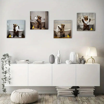 4pcsCharming Brown Bear Drying With Towel Wall Art Canvas Framed