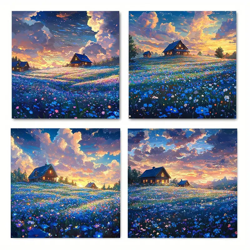 4pcs Fields Of Flowers Cottages Cloud Wall Art Canvas Framed
