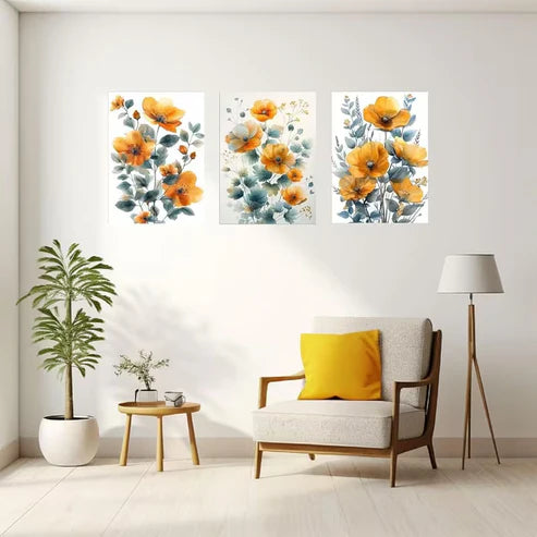 3pcs Yellow And Grey Flowers Botanical Art Wall Art Set Canvas Framed 50x70cm - High Quality Print 100% Australian Made Wall Canvas Ready to Hang