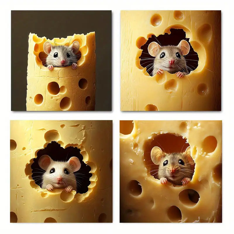 4pcs Cheese Rat Hole Vintage Abstract Wall Art Canvas Framed