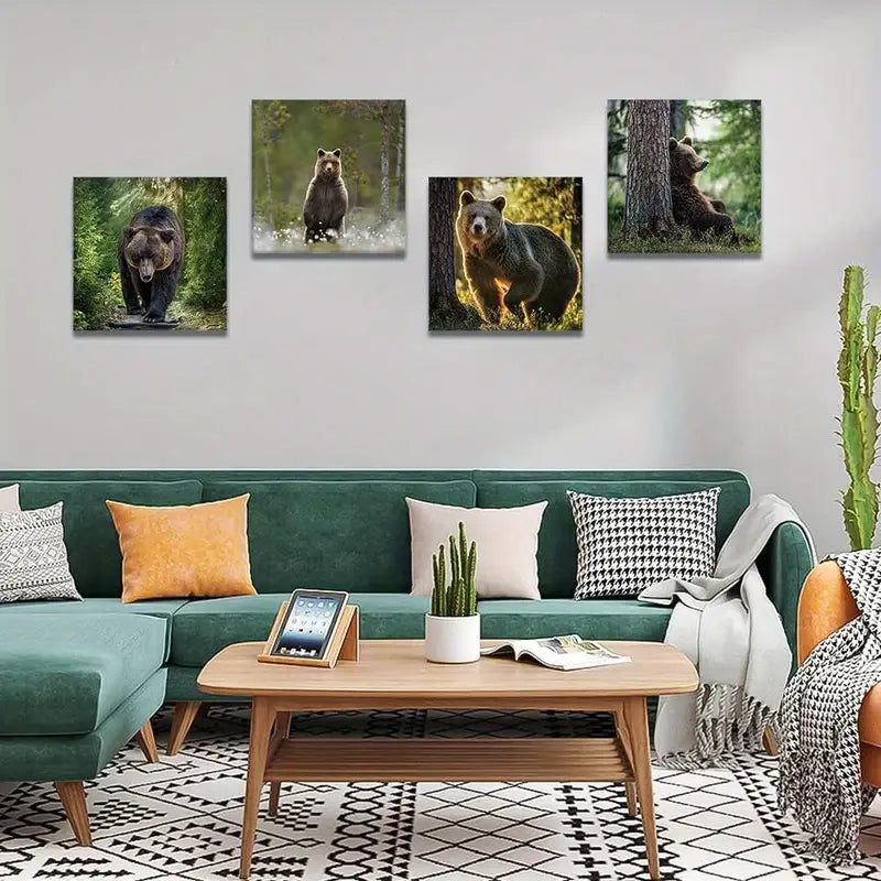 4pcs Detailed Forest & Majestic Bears Wall Art Canvas Framed