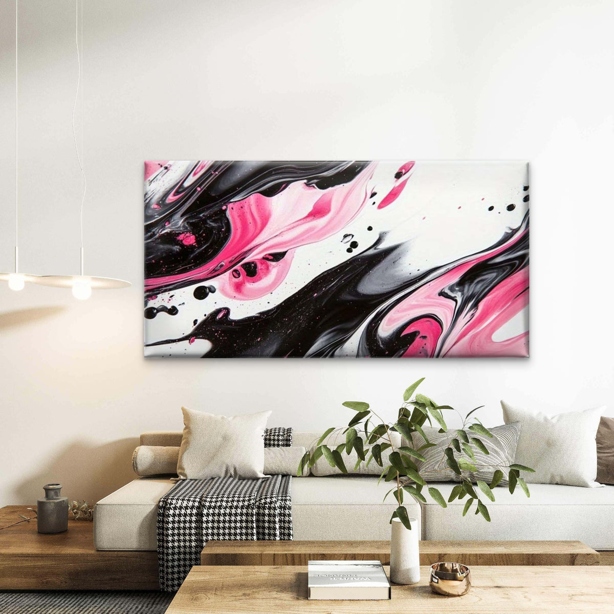 Abstract Pink Black White Fluid Wall Art Canvas Office Home Room Framed 120x60cm
