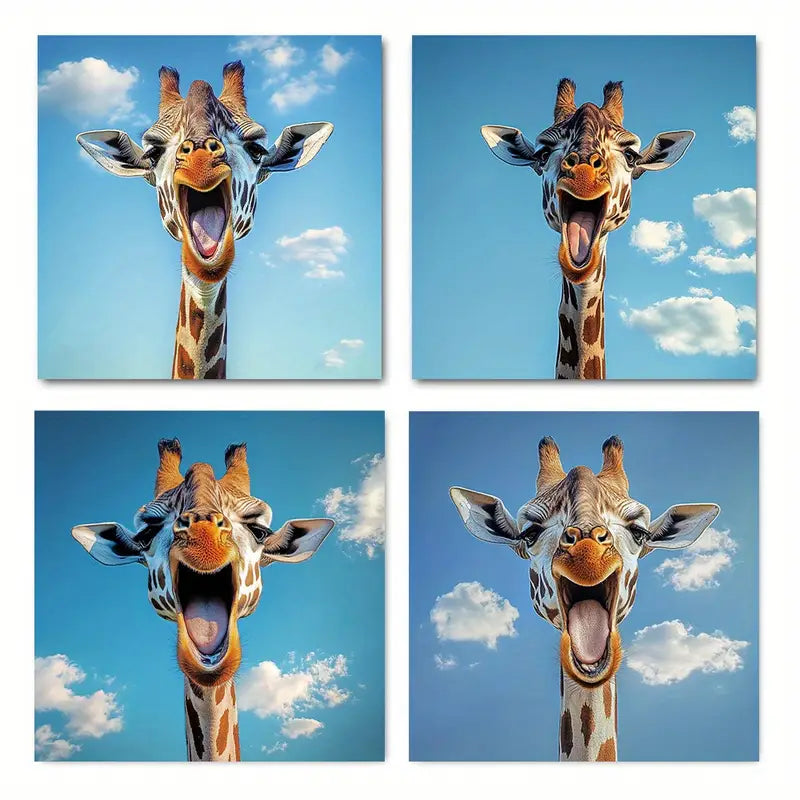 4pcs Fun Giraffe Vibrant Blue Sky & Clouds Wall Art Canvas Framed