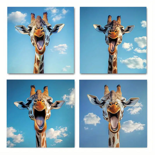 4pcs Fun Giraffe Vibrant Blue Sky & Clouds Wall Art Canvas Framed