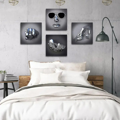 4pcs Gray with Silvery Effect, Holding Hands Wall Art Canvas Framed