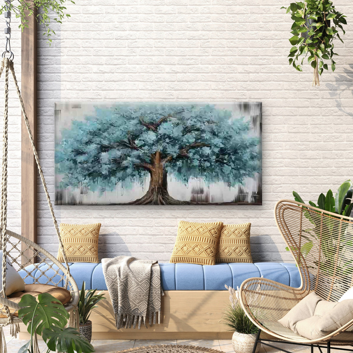 Elegant Blue Leaf Tree Painting Wall Art Canvas Office Home Room Framed 120x60cm