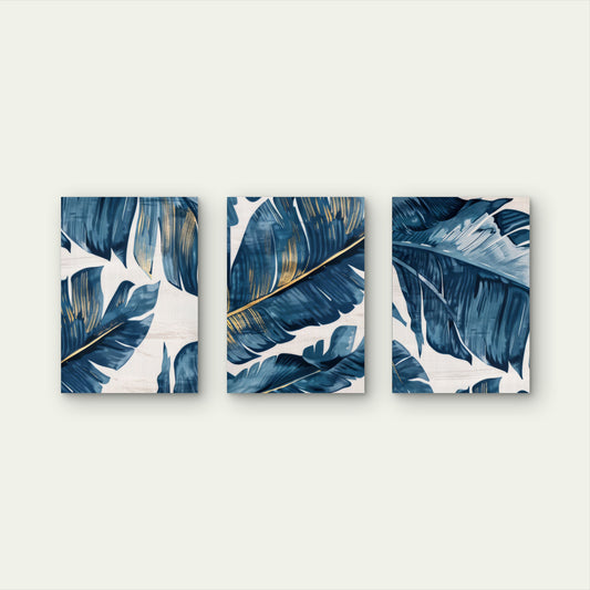 3pcs Navy Gold Tropical Banana Leaves Modern Metal Print Ready to Hang Art