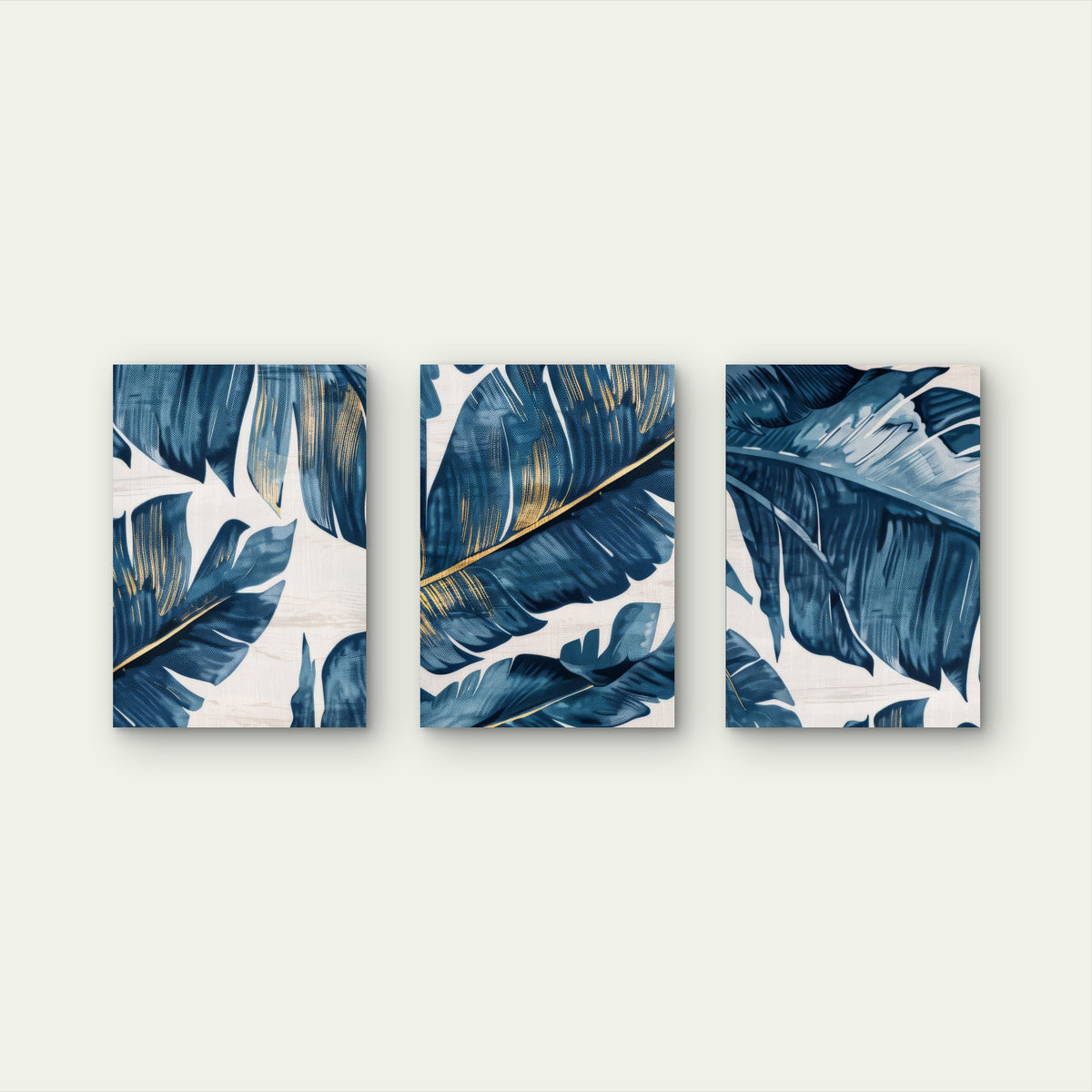 3pcs Navy Gold Tropical Banana Leaves Modern Wall Art Set Canvas Framed 60x90cm - High Quality Print 100% Australian Made Wall Canvas Ready to Hang
