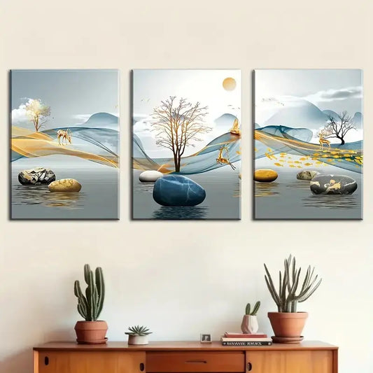 3pcs Abstract Geometric Prints In Blue, Golden, Gr Metal Print Ready to Hang Art