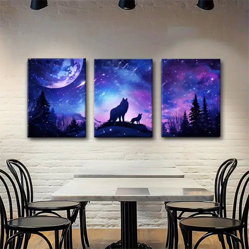 3pcs Mystical Night Sky, Howling Wolves & Starry Metal Print Ready to Hang Art
