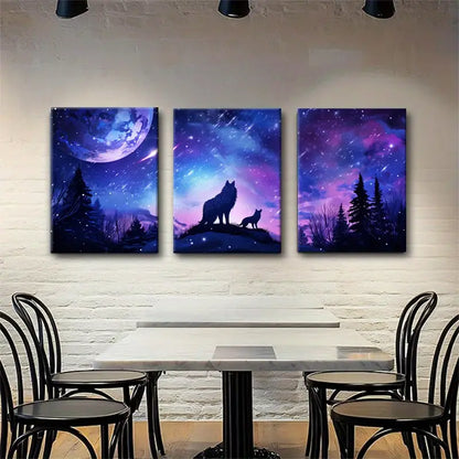 3pcs Mystical Night Sky, Howling Wolves & Starry Metal Print Ready to Hang Art