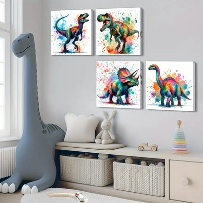 4pcs Watercolor Dinosaur Wall Art Canvas Framed