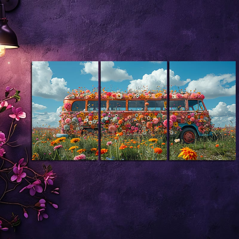 3pcs Vintage Bus Covered in Vibrant Flowers Wall Art Set Canvas Framed 40x60cm - High Quality Print 100% Australian Made Wall Canvas Ready to Hang