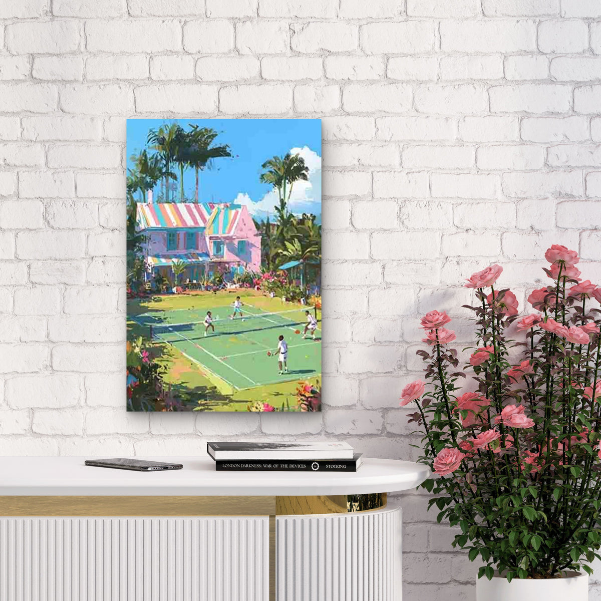 Sunny Tennis Court Match 60x90cm Metal Print Ready to Hang