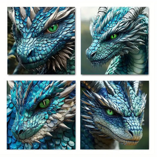 4pcs  Vibrant Blue Scales & Green Eyes Wall Art Canvas Framed