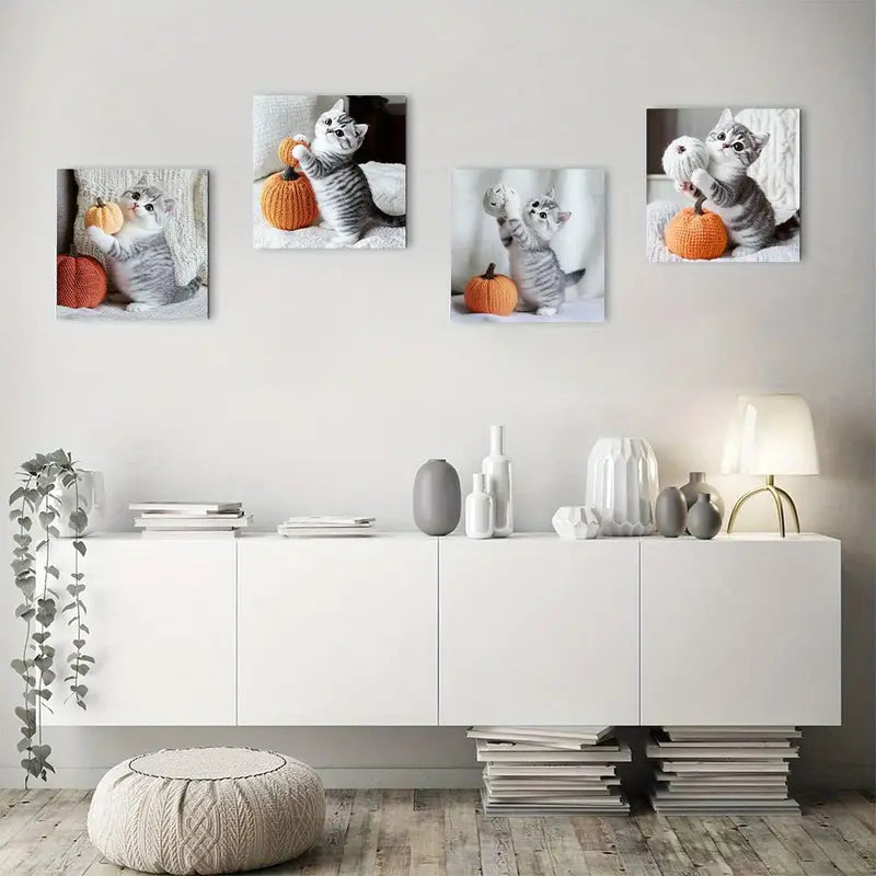 4pcs  Grey Cat & Pumpkin Autumn Decor Wall Art Canvas Framed