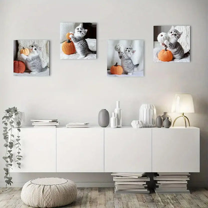 4pcs  Grey Cat & Pumpkin Autumn Decor Wall Art Canvas Framed