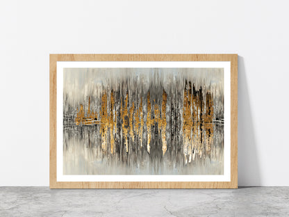 Grey & Gold Abstract Painting Glass Framed Wall Art, Ready to Hang Quality Print With White Border Oak