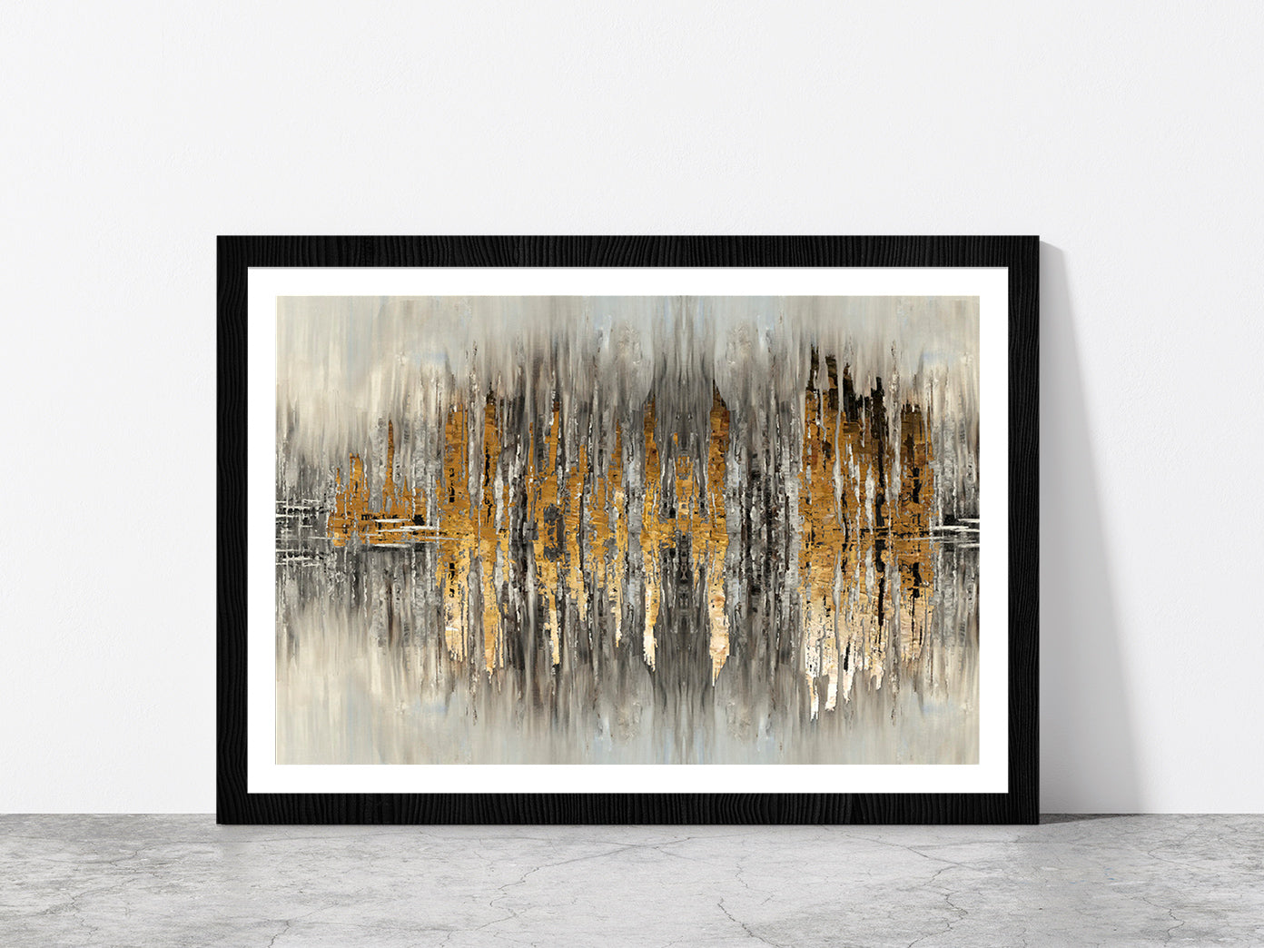 Grey & Gold Abstract Painting Glass Framed Wall Art, Ready to Hang Quality Print With White Border Black