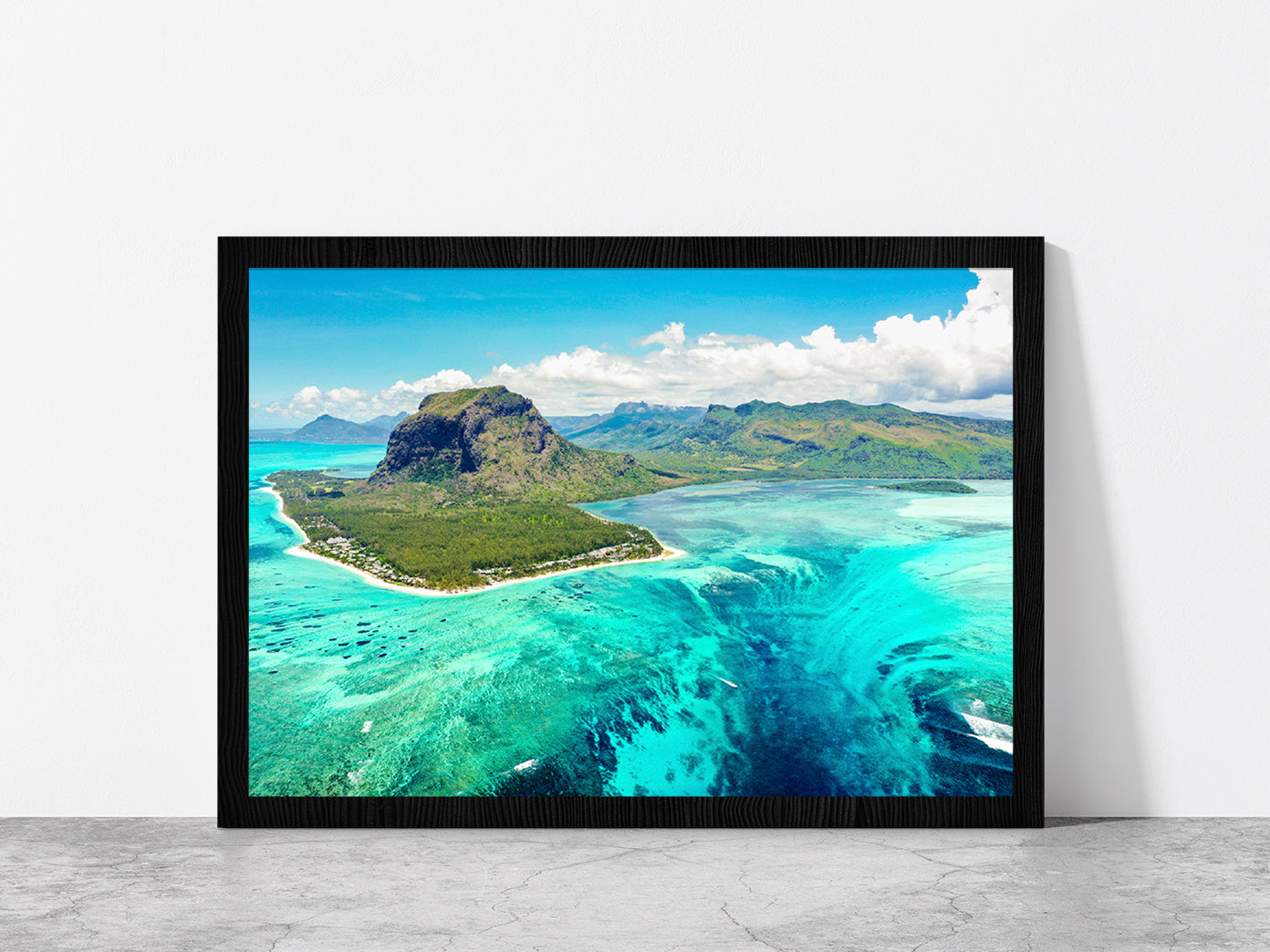 Mauritius Island With Beach Glass Framed Wall Art, Ready to Hang Quality Print Without White Border Black