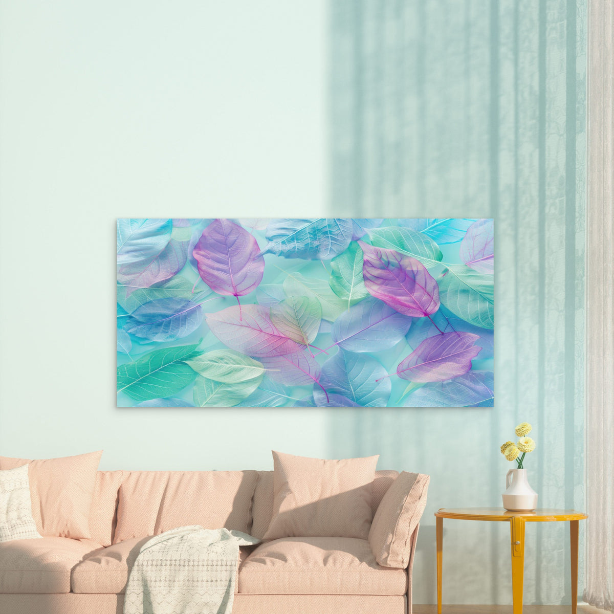 Violet Mist Pastel Leaves Wall Art Canvas Office Home Room Framed 120x60cm