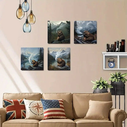 4pcsBeaver Smoking Cigar Wall Art Canvas Framed
