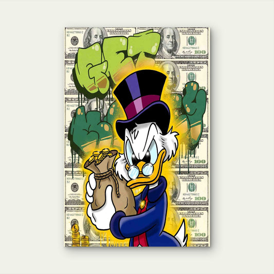 Cartoon Duck Gold Coins Money Bag Graffiti 60x90cm Metal Print Ready to Hang