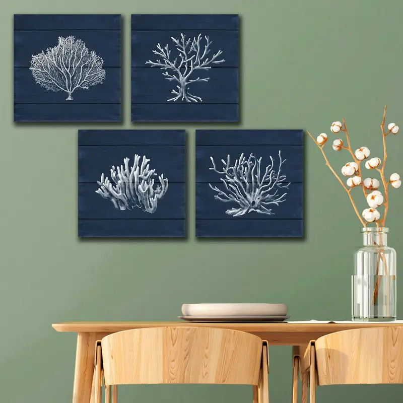 4pcs Coral Ocean Navy Blue Coastal Wall Art Canvas Framed