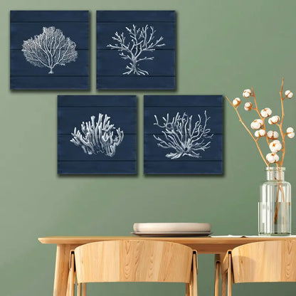 4pcs Coral Ocean Navy Blue Coastal Wall Art Canvas Framed