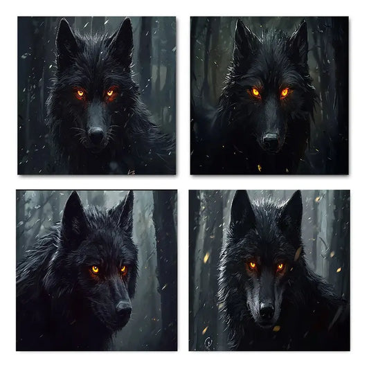 4pcs Dramatic Wolf Portraits with Glowing Orang Wall Art Canvas Framed