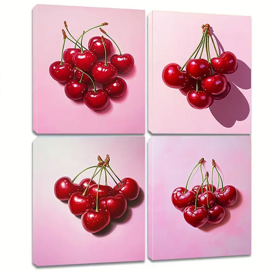 4pcs A Cluster Of Cherries On A Pink background Wall Art Canvas Framed
