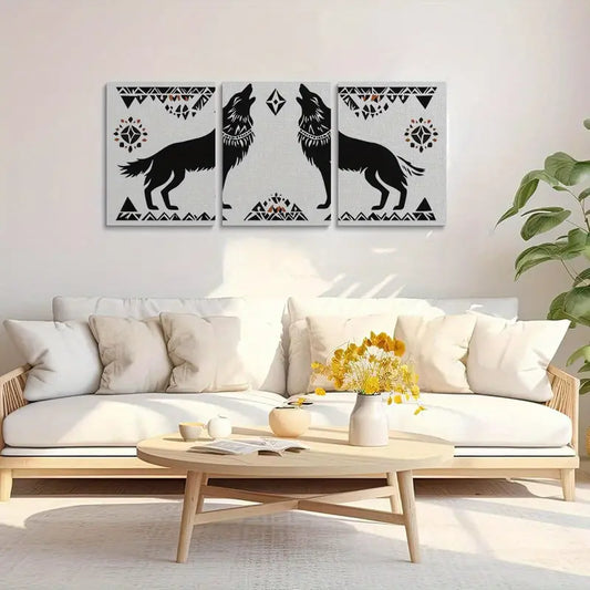 3pcs Howling Wolves Decor, Modern Black & White Geometric Metal Print Ready to Hang Art
