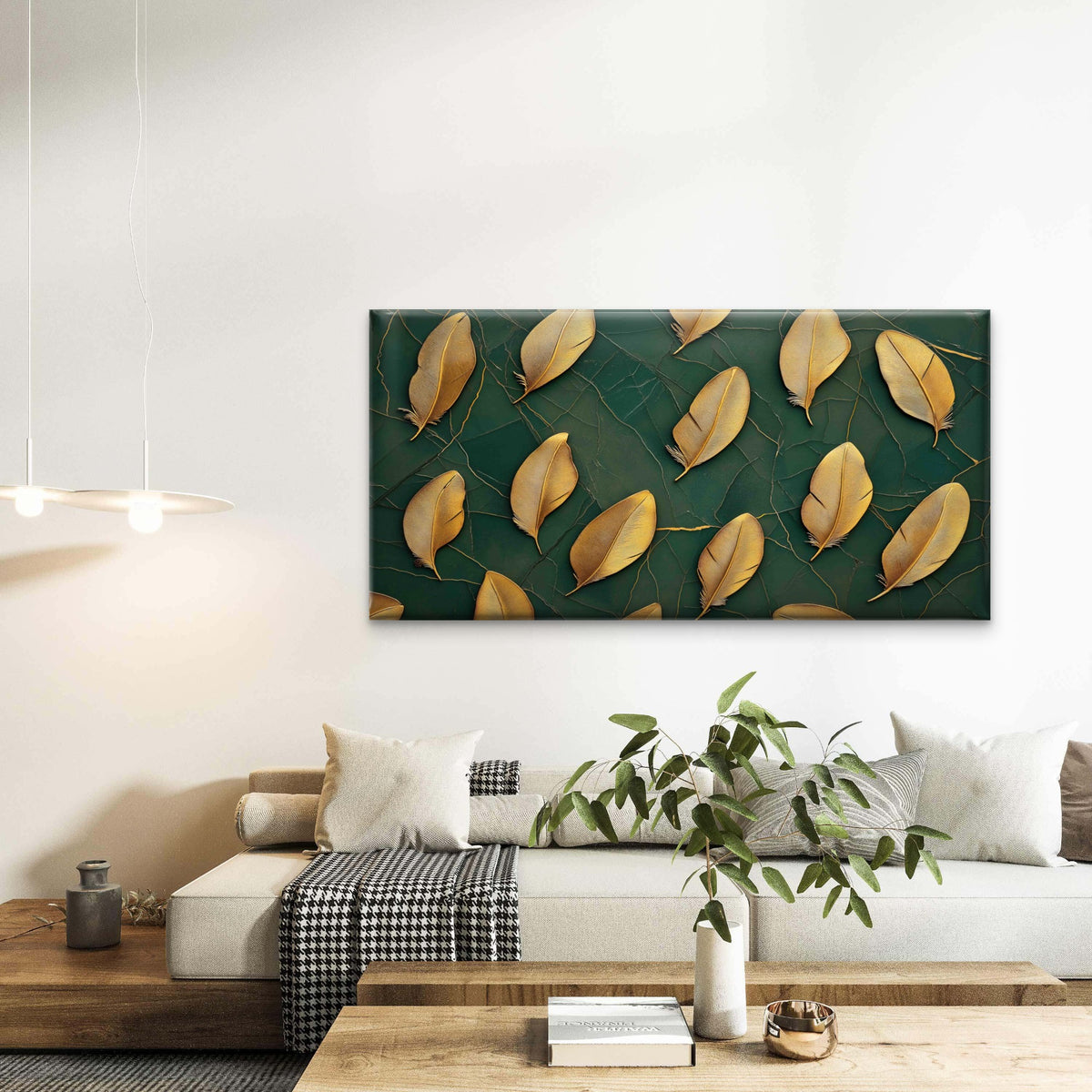 Golden Feathers Arranged Wall Art Canvas Office Home Room Framed 120x60cm