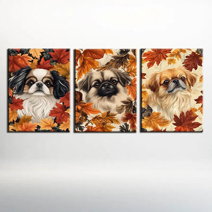3pcs Pekingese Dog Autumn Leaves Elegant Design Metal Print Ready to Hang Art